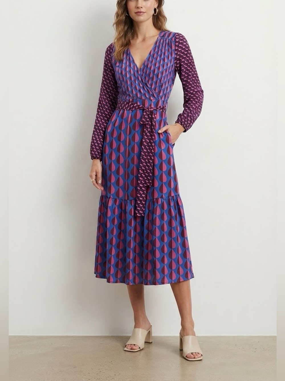 Boden Blue & Pink Long-Sleeve Wrap Dress